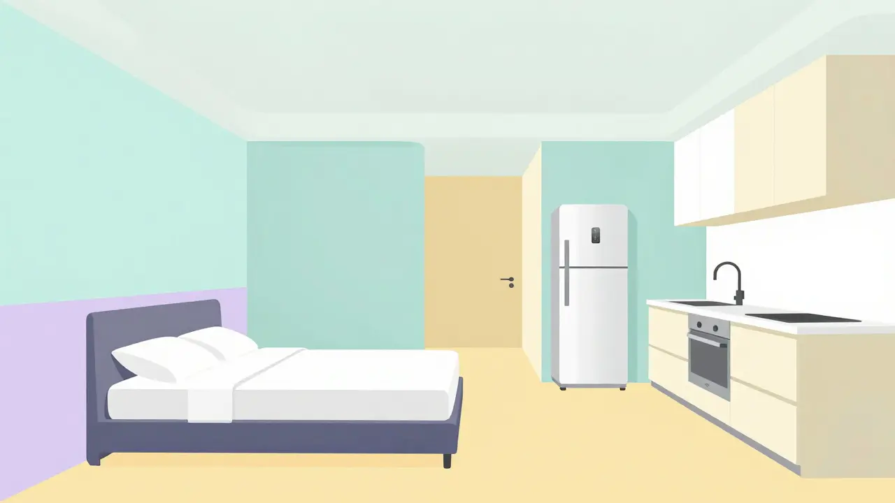 Современный интерьер квартиры с базовой мебелью и техникой в стиле поп-арт