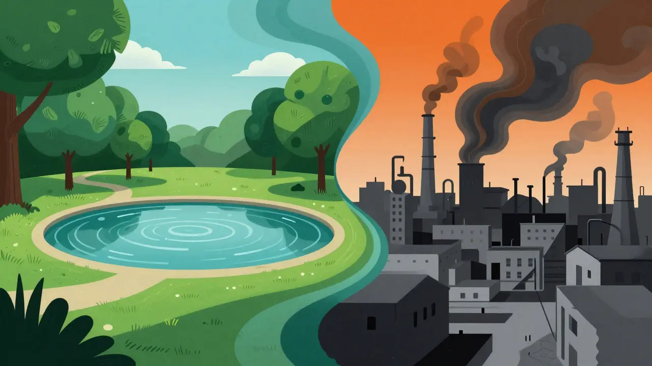 Сравнение зеленого парка и промышленной зоны в абстрактном психоделическом стиле.