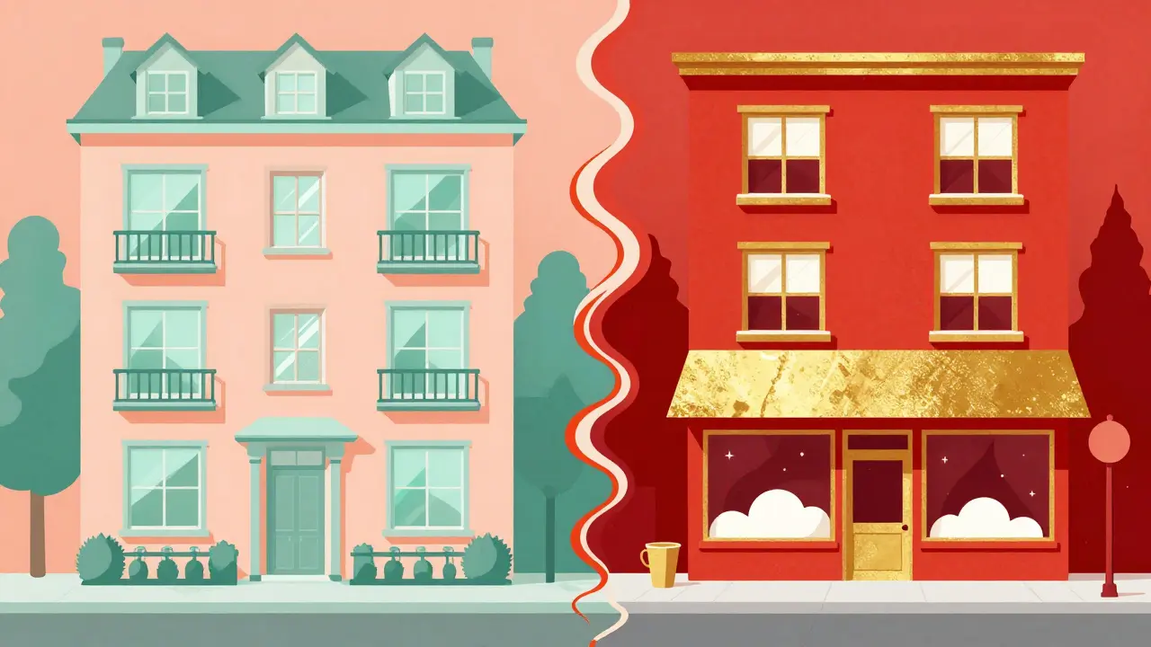 Сравнение жилого и коммерческого зданий в текучем, ярком стиле Уэса Уилсона.