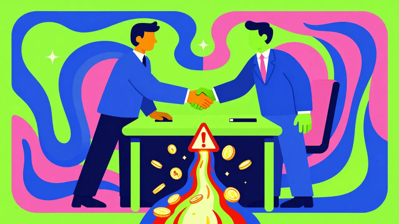 Стилизованная сделка по продаже квартиры с иконками скрытых долгов под столом