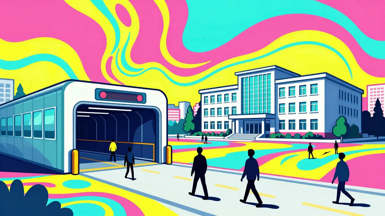 Стилизованное изображение метро и школы в ярких цветах, представляющее городскую инфраструктуру.