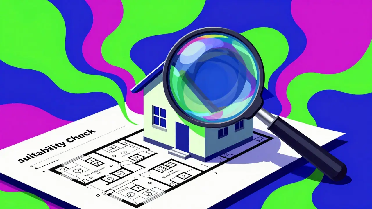 Стилизованное изображение проверки пригодности жилья и документов в психоделическом стиле