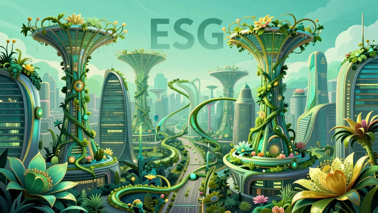 Сюрреалистический город будущего с экологичными зелеными зданиями