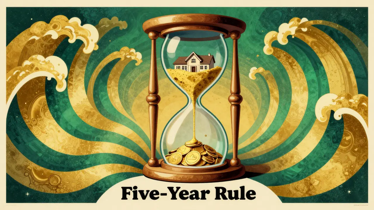 Сюрреалистичные песочные часы и здание, символизирующие долгосрочные инвестиции