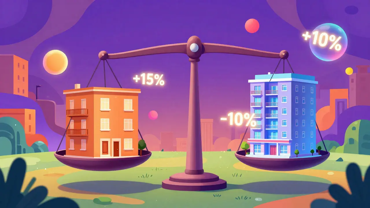 Сюрреалистичные весы, сравнивающие квартиру с старым ремонтом и современную квартиру с плавающими коэффициентами.