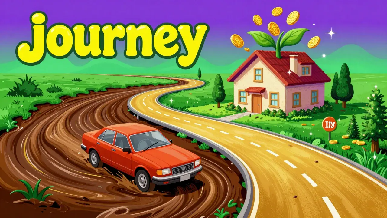 Сюрреалистичный путь от грунтовой дороги к благоустроенному поселку с растущей стоимостью дома.