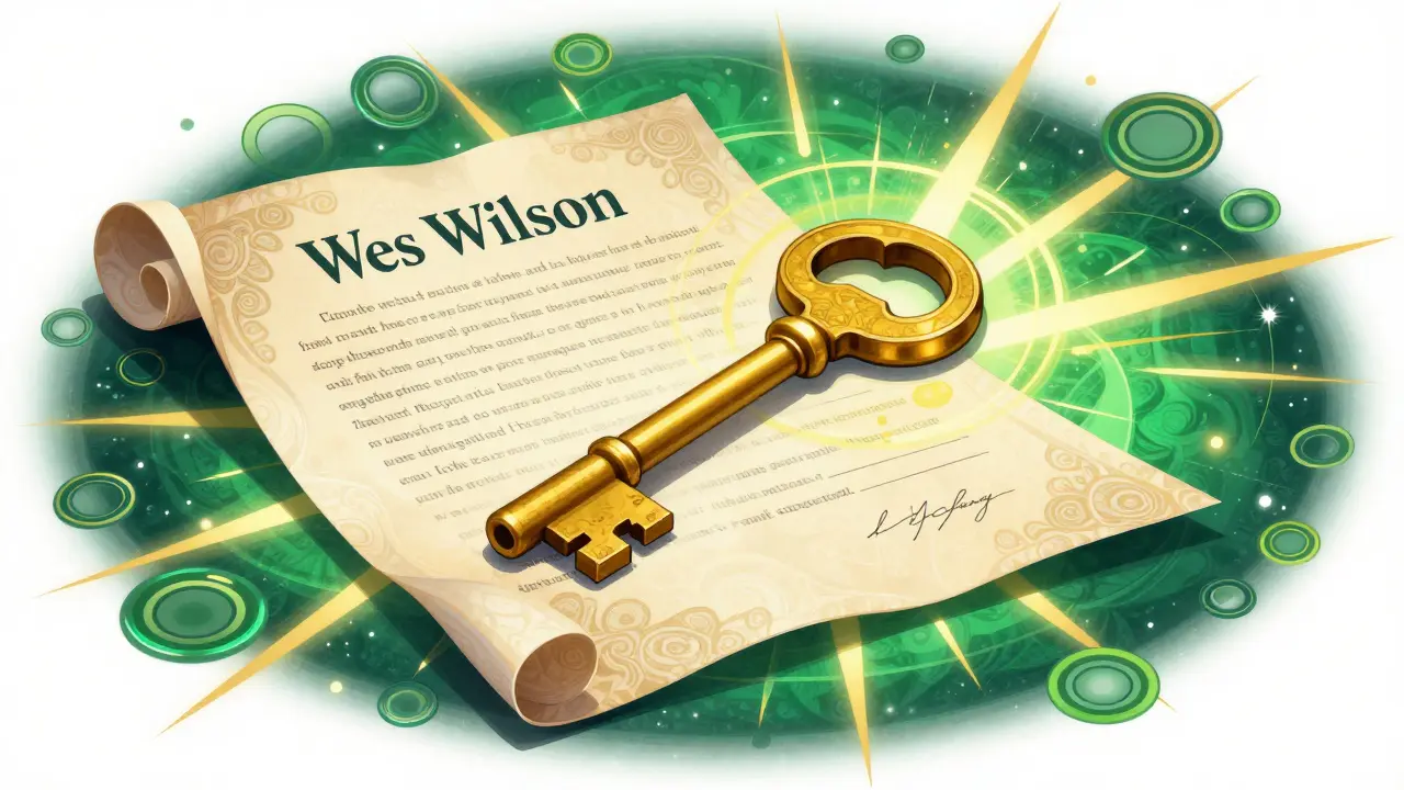 Золотой ключ на фоне закрученного договора в стиле психоделического искусства