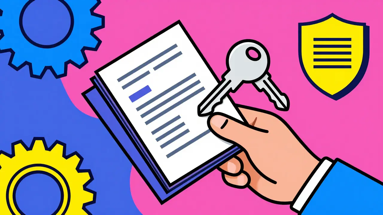 Рука держит документы и ключи от квартиры в стиле психоделической графики