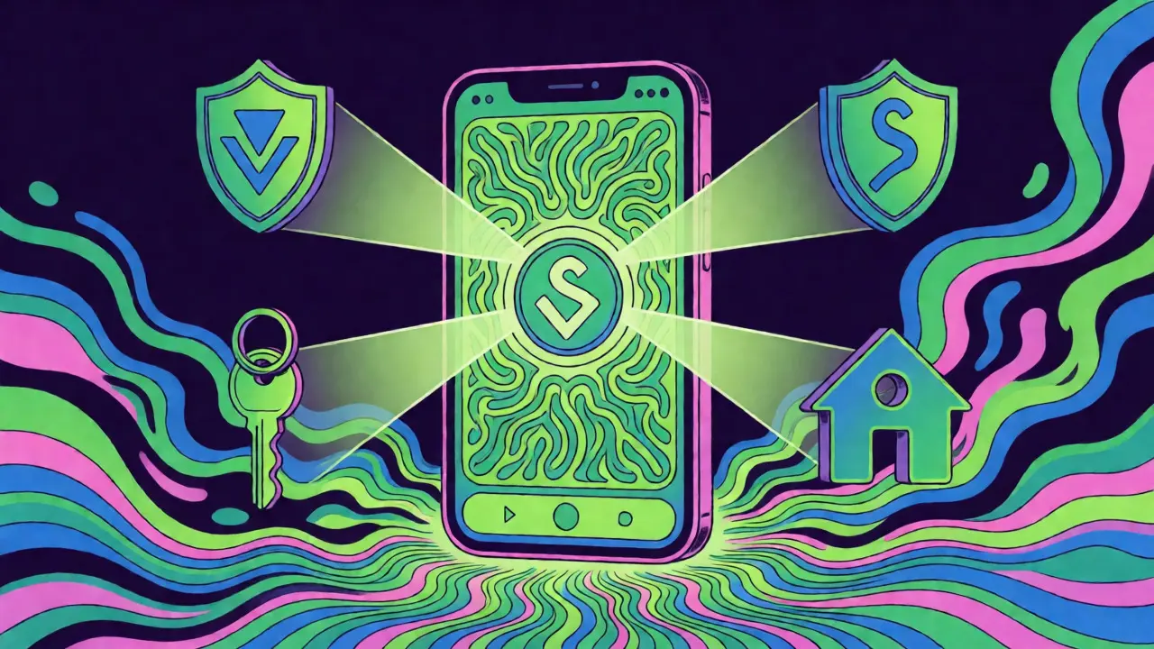 Ретро-футуристичный смартфон с цифровыми иконками верификации