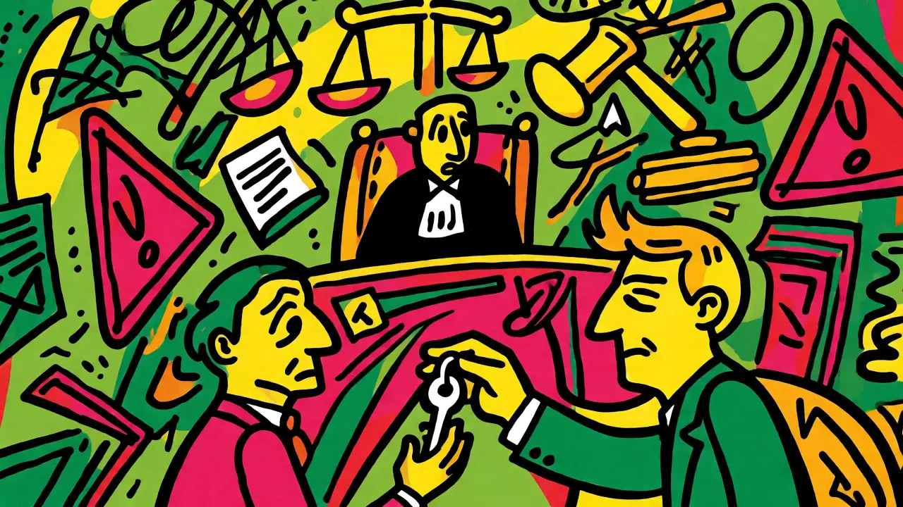 Судебный процесс и сделка с недвижимостью в ярком иллюстративном стиле